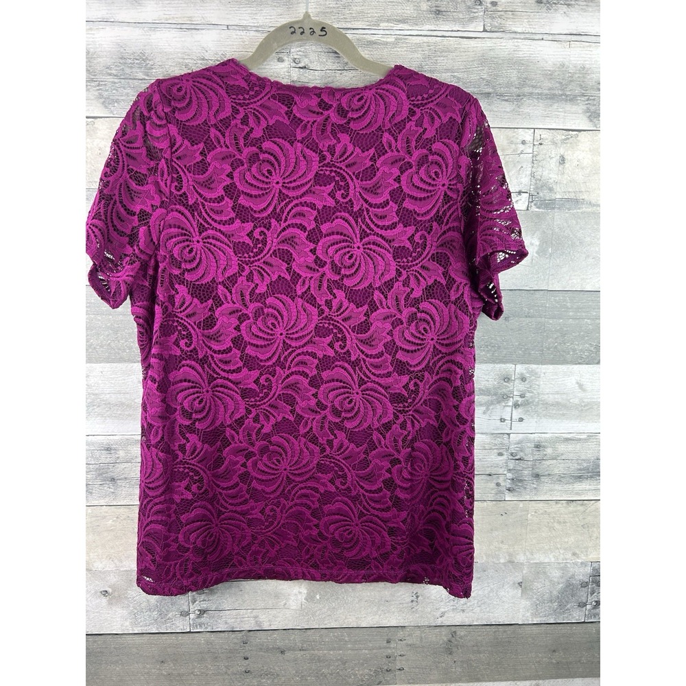 Susan Graver Fuchsia Short Sleeve Medium Blouse With Lace Overlay - Picture 2 of 5